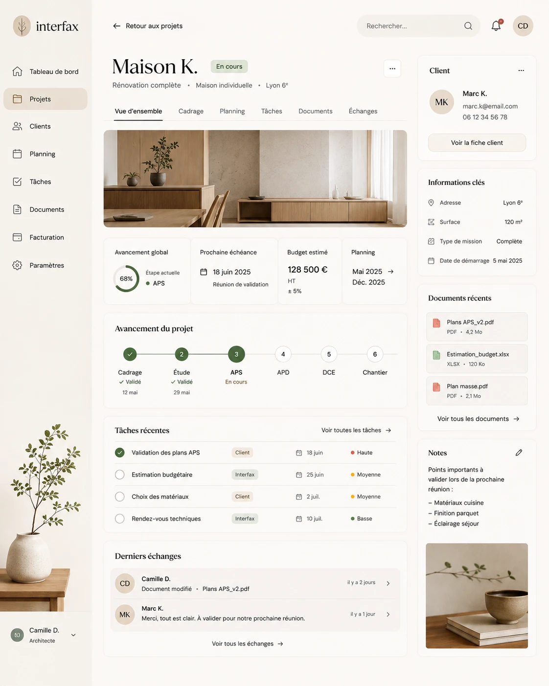 Application interfax : fiche du projet de rénovation « Maison K. » avec l’avancement, le planning, les tâches, les documents et les échanges avec le client.