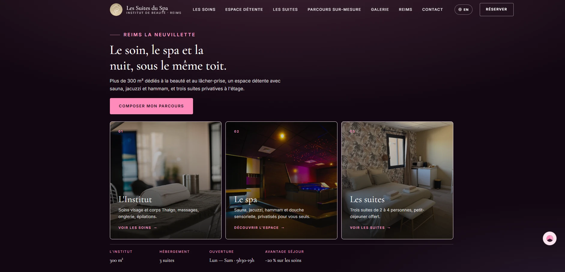 Page d’accueil du site Les Suites du Spa, institut de beauté et spa à Reims : trois cartes présentent l’institut, le spa et les suites.