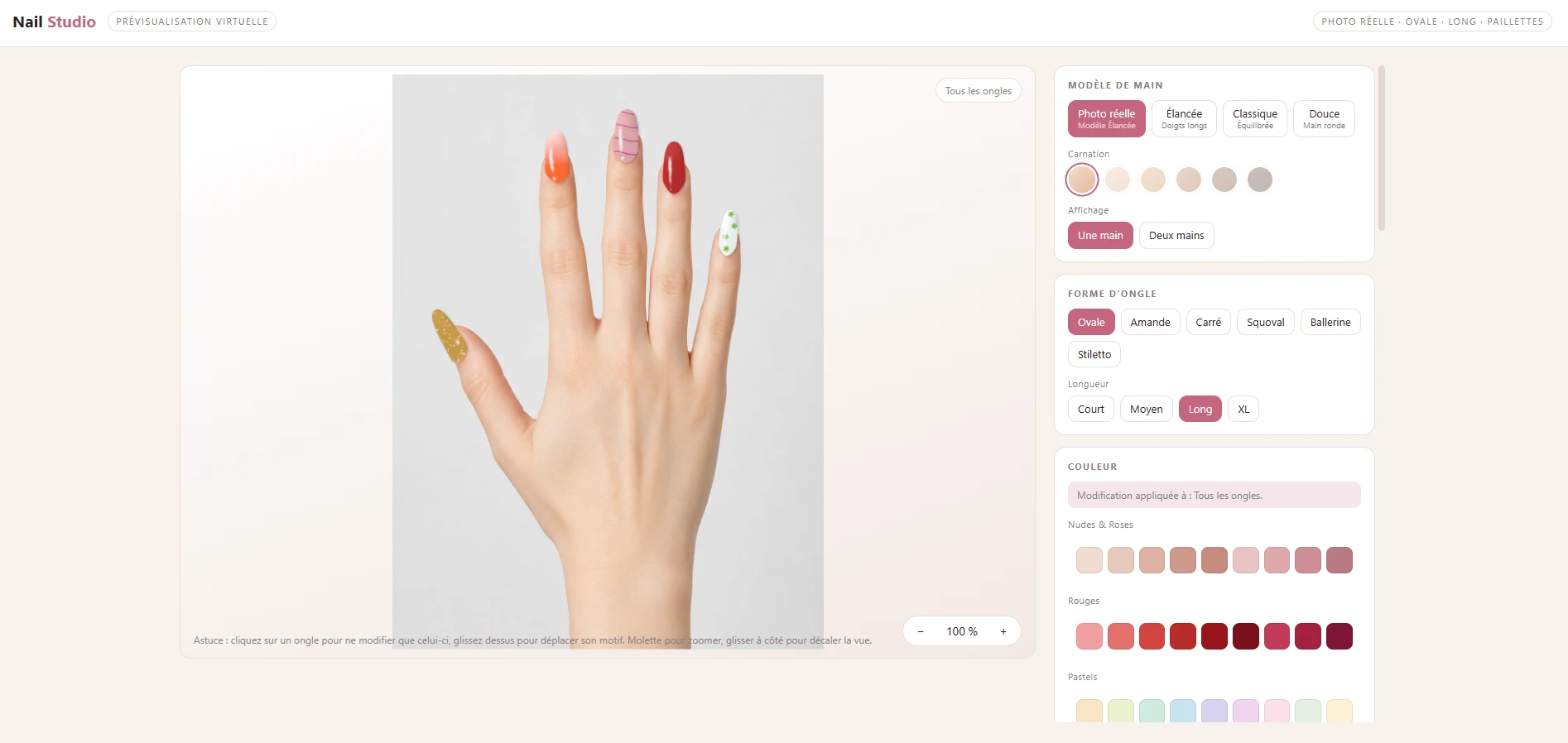 Outil Nail Studio : sur la photo d’une main, on choisit la forme, la longueur et la couleur des ongles pour prévisualiser le résultat.
